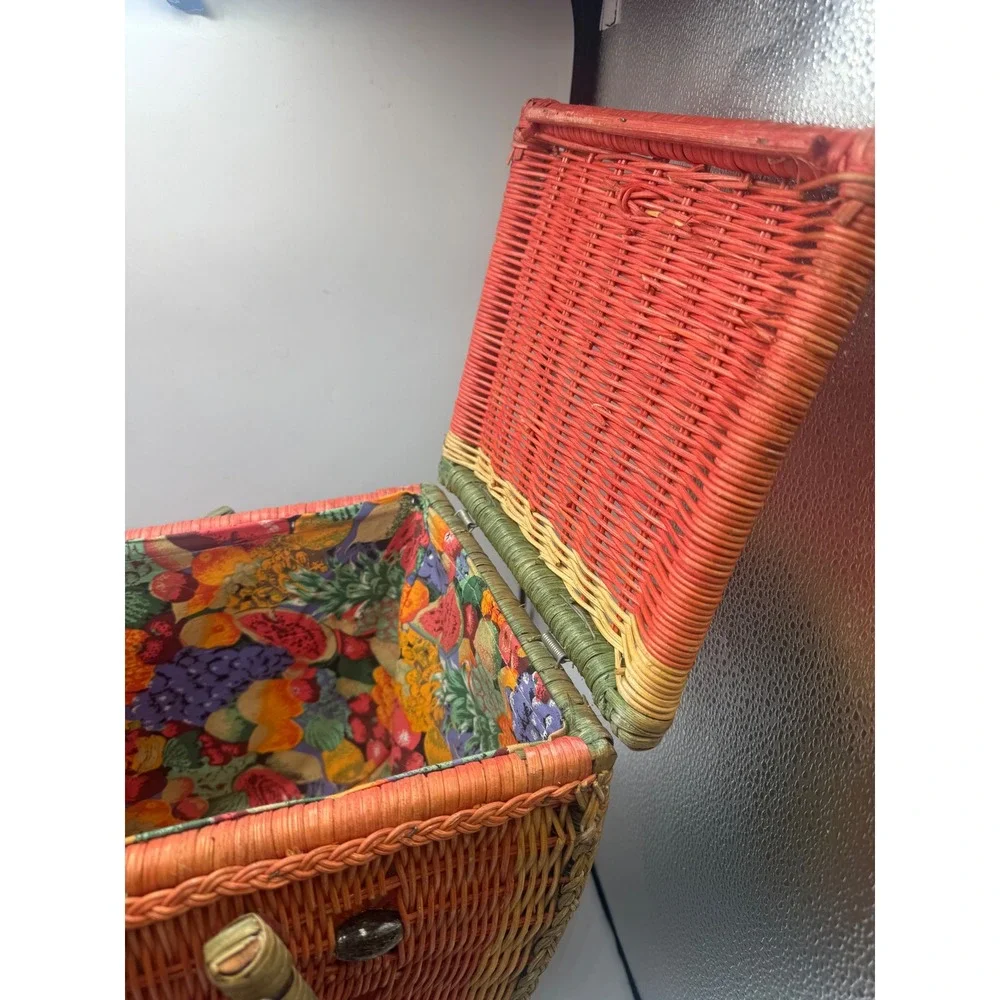 Vintage Wicker Watermelon Picnic Basket Fruit Print Lining Summer Tote Bag